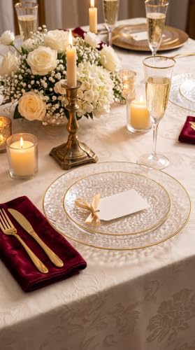 SUT 100Pcs Clear Disposable Plastic Plates with Gold Rim - Heavy Duty & Elegant Wedding Dinnerware, Include 50 Dinner & 50 Dessert Plates