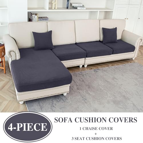 LA MEACK Dark Grey L-Shaped Couch Cushion Covers Set for Sectional Sofa 3 Seater + 1 Chaise, Washable & Stretch Fit