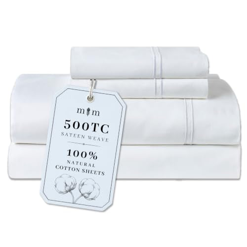 King Size Cotton Sateen Bed Sheet Set - 500 TC White, 4-Piece, Deep Pocket Fitted