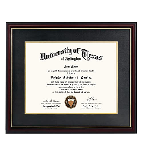 GraduationMall Cherry Finish Diploma Frame with Gold Trim for 11x14 & 15x18 Certificates, Black & Gold Mat Included