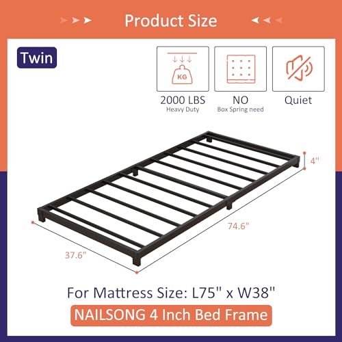 Nailsong 4 Inch Twin Low Profile Bed Frame - Platform Bed, No Box Spring Needed