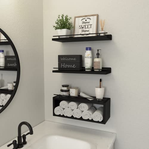 WOPITUES Black Floating Wall Shelves with Cube Shelf and Metal Rail - Over Toilet Bathroom Storage 15.7 inch