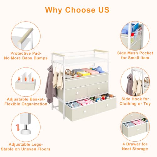 Baby Changing Table Dresser with Safety Bumpers & 4 Drawers - Stable Nursery Furniture