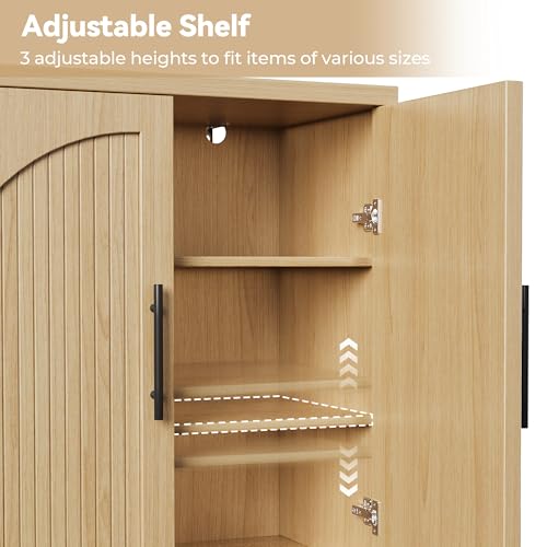 Oak Fluted Buffet Cabinet with Adjustable Shelves - 31.5" Modern Sideboard Credenza