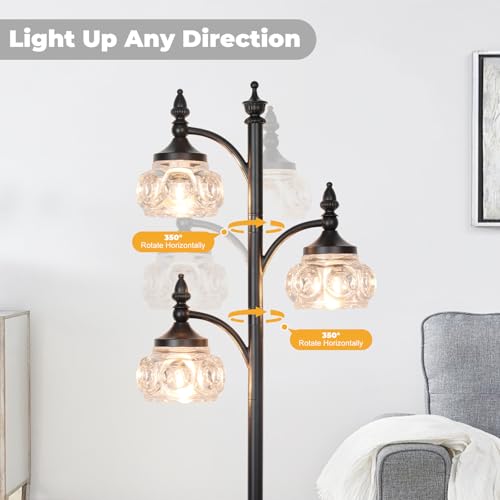 Black Floor Lamp with 3 Rotatable Glass Shades, Dimmable Tall Standing Lamp for Living Room & Bedroom