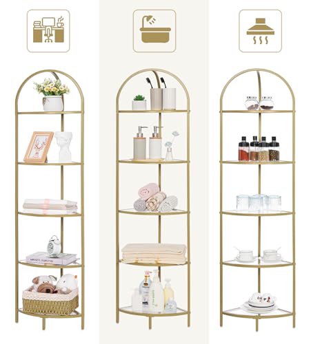 Homhedy 5-Tier Gold Corner Shelf Stand - Stylish Metal Glass Bookcase & Organizer