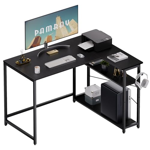 Pamray 43-Inch Black L-Shaped Computer Desk with Reversible Side Shelves, Small Space Home Office & Gaming Table
