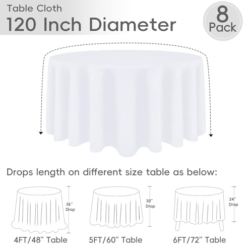 White Round Tablecloth 120 Inch - 8 Pack for 48-96 Inch Tables - Wrinkle-Resistant Polyester