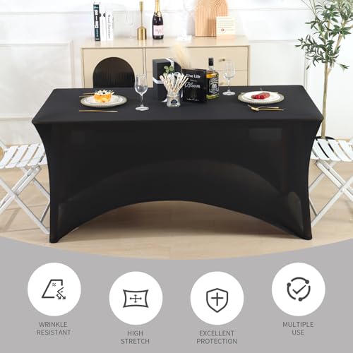 Fixwal 8FT Black Fitted Spandex Tablecloth - 6 Pack, Rectangular, Stretchy and Wrinkle-Resistant