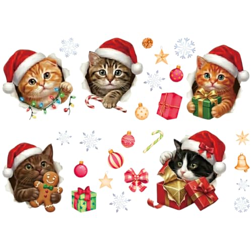 Meowy Christmas Cat Xmas Hat Kitten Wall Decal - 3D Holiday Decor for Kids & Pet Lovers