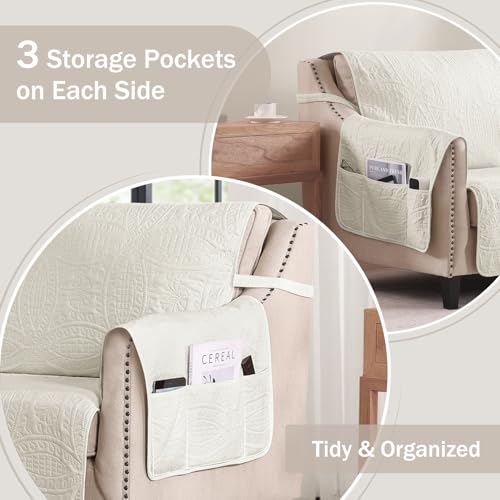 Quilted Sofa Slipcovers with Pockets, Anti-Slip Medallion Designed