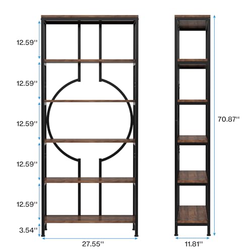 Industrial 6-Tier Tall Bookshelf with Open Shelves - Rustic Brown, 70.9 Inch - Variation 1