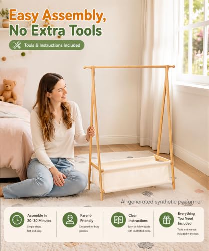 Homde Bamboo Kids Clothes Rack 66 lb Capacity Foldable Wardrobe Organizer