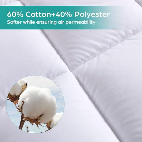 White Waterproof Queen Mattress Topper with Cotton Top & Quilted Fitted Cover - Non-Slip, Breathable, Noise-Free