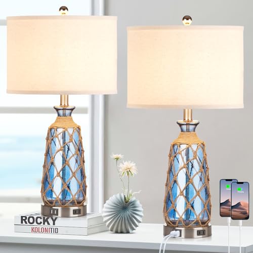 Ruzectt 25.5" Coastal Glass Table Lamps Set of 2, 3-Way Dimmable