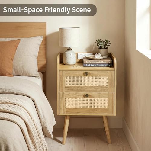 EOLULIG Rattan Nightstands Set of 2 with Natural Wood Finish, Boho Bedside Tables with 2 Drawers & Built-in Charging Station