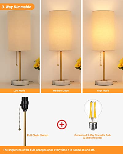 JUNNAI Set of 2 Small Dimmable Bedside Table Lamps with Marble Base & Linen Shade - Gold & Marble Variant