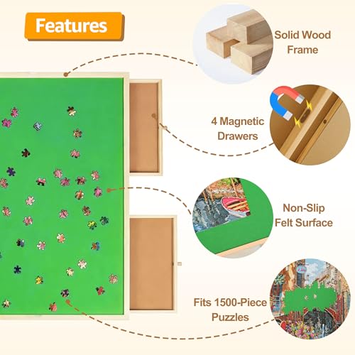 Fanwer 1500 Pieces Tilting Puzzle Table with 4 Drawers & Cover - White / Natural Wood / Standard Set