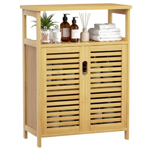 Bamboo Freestanding Bathroom Floor Storage Cabinet with Doors & Shelf - Variation of THIS listing