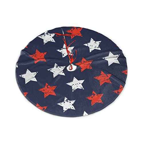 Christmas Tree Skirt, American Flag Day Memorial Day Patriotic Freedom Stars Xmas Large Tree Mat, New Year Festive Holiday Party Decorations 30" inches