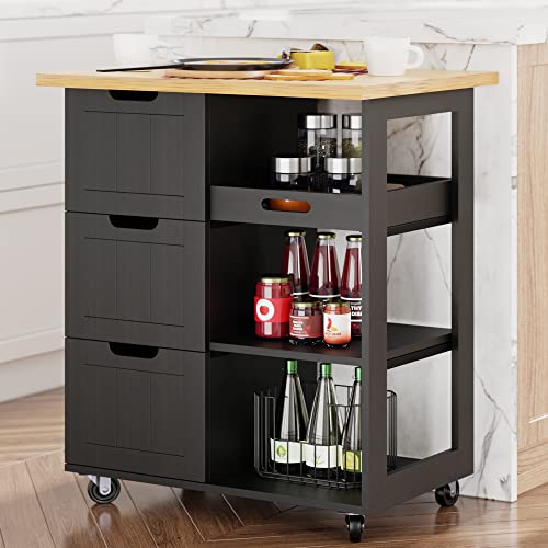 Shintenchi Black 26-Inch Kitchen Island Cart with Storage and Wheels