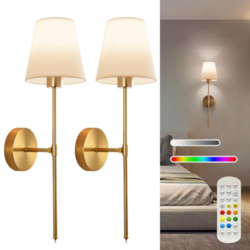 Wireless Battery Operated Wall Sconces Set of 2 - Gold, Dimmable RGB, Remote Control