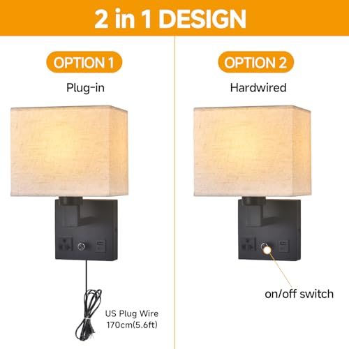 Black Wall Sconce Lamp with Fabric Shade and Dimmable Switch - Bedside Wall Light with USB & AC Outlet