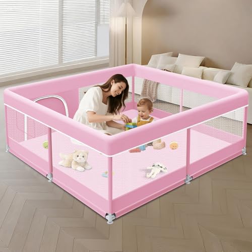 Pink Baby Playpen 50x50 Inch Indoor Outdoor Play Yard with Mesh & Fabric