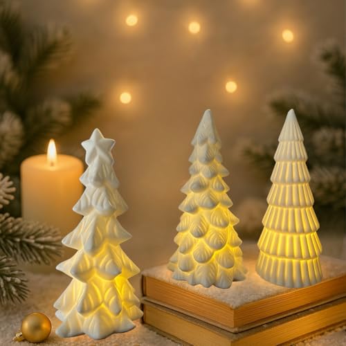 Lighted Ceramic Christmas Tree Set - 3 Small White Holiday Decor Figurines