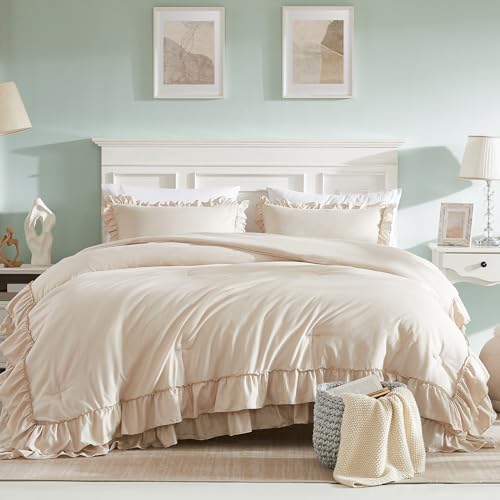 Beige Queen Comforter Set with Ruffle Farmhouse Bedding - 3 Pieces