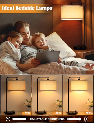20.7 Inch Dimmable Nightstand Table Lamp with USB & Outlet - Beige Shade & Black Base