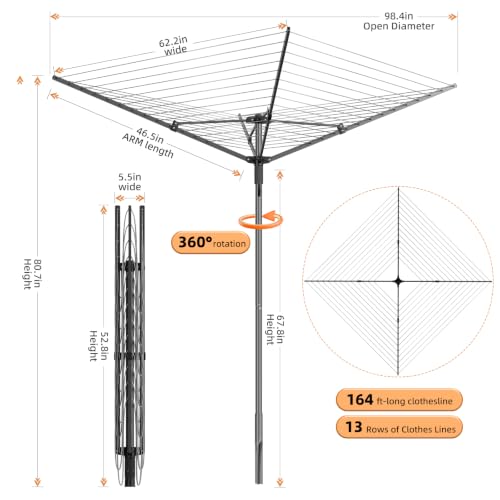 Outdoor Clothes Drying Rack with 165 Feet of Line, Rotating Umbrella Design