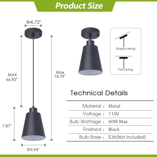 Modern Black Pendant Light Fixture 5.94'' (3-Pack) Mini 1-Light