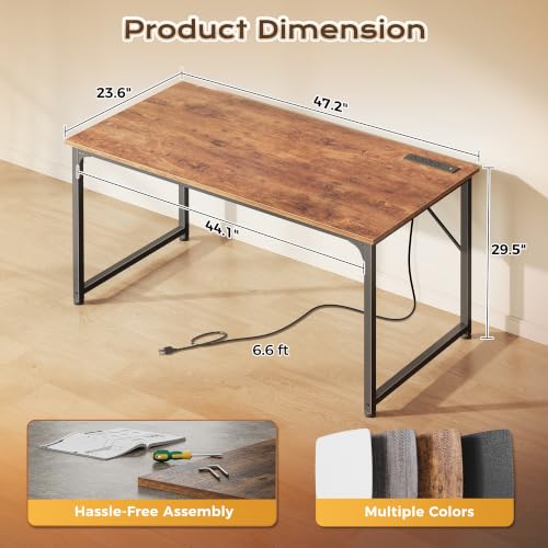 PRAISUN Rustic Brown 47.2 x 23.6 Inch Deep Office Desk with Power Outlets