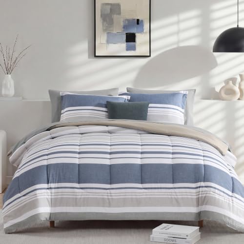 Ocean Blue Queen Comforter Set - 7 Pieces Striped Bedding in a Bag