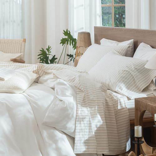 King Striped Cotton Linen-Like Sheet Set - Almond Milk Grey, Classic Stripes