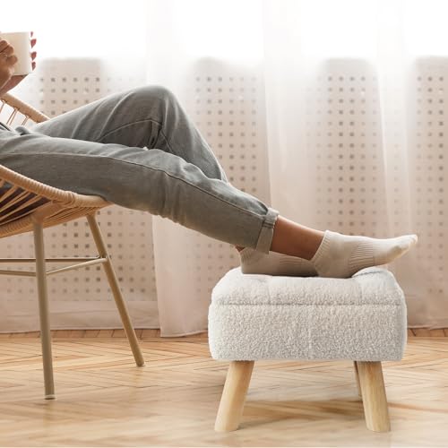 Cream Storage Ottoman Footstool with Padded Teddy Velvet Seat & Wooden Legs