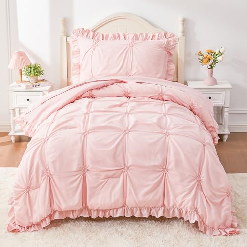 Twin Comforter Set for Girls, Boho Pintuck Bedding Sets, 4 Pieces