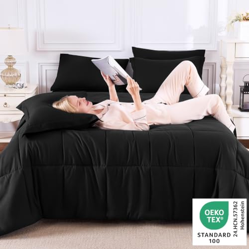 CozyLux Oversized King Comforter Set Black - 7-Piece Bed in a Bag