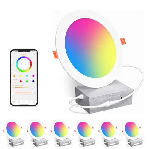 White SikSog 6 Inch RGB+CCT Smart Recessed LED Downlight, Dimmable, Alexa Compatible, 16W, 1350 Lumens, 6-Pack