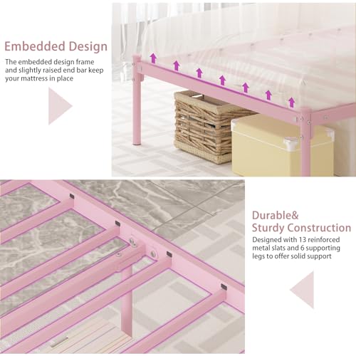 Pink Twin Bed Frame for Kids with Crown Headboard - Merronix Light Pink Twin Size Bed