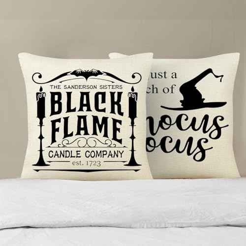 LEIOH Halloween Decorations Pillow Covers 18x18 Set of 4 Halloween Decor Hocus Pocus Farmhouse Saying Fall Decor Pillows for Home Sofa Couch