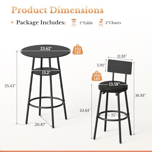 Kiivakii 3-Piece Round Bar Table Set with 2 Stools - Black, Storage Rack
