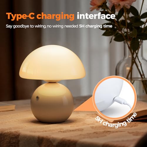 White Wireless Mushroom Table Lamp with 5200mAh Battery - Modern Touch Bedside Light