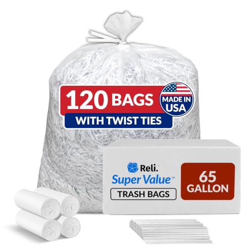 Reli. 65 Gallon Heavy Duty Trash Bags with Twist Ties - Made in USA