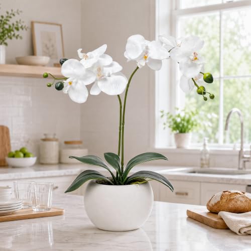 Artificial White Orchid in Pot - Realistic Faux Flower Decor for Home & Office