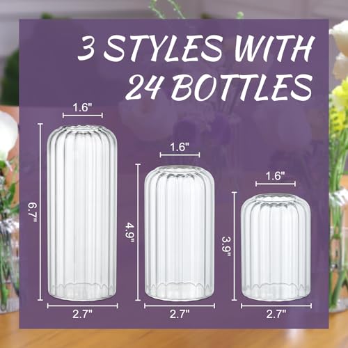 Glass Cylinder Vases Set - Clear Ribbed Tall Flower Bud Vases for Weddings & Home Decor