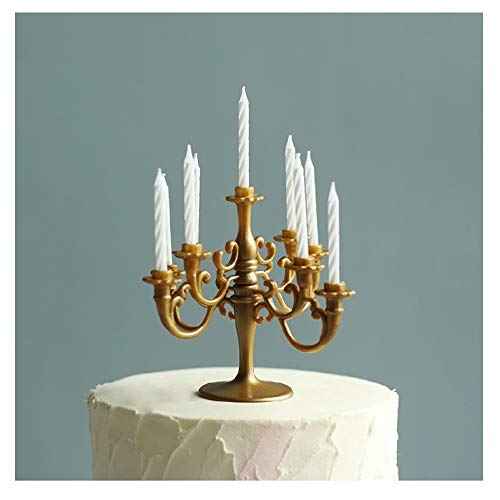 Mini Plastic Candle Holder Stand with 9Pcs Candelabra Taper Beautiful Vintage Candlestick Cake Topper Desk Ornament for Christmas Wedding Event Birthday Party Candelabra Gold Height 14cm