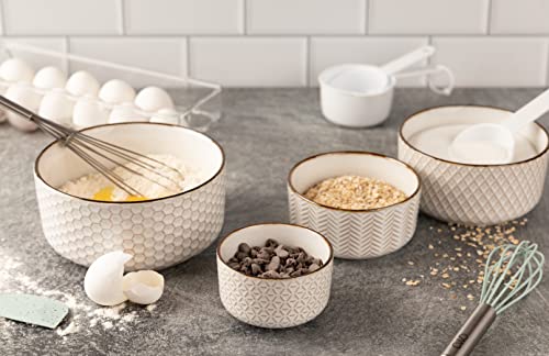 KooK Ceramic Nesting Bowls with Lids Set of 4 - 47 Oz Embossed Stoneware, Ivory