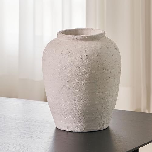 LB2 White Ceramic Large Vase 11.8" Tall Zen Style Terra Cotta Pitcher - Distressed Farmhouse Decor